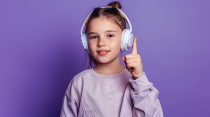 A young girl listening to music and showing her peaceful intentions