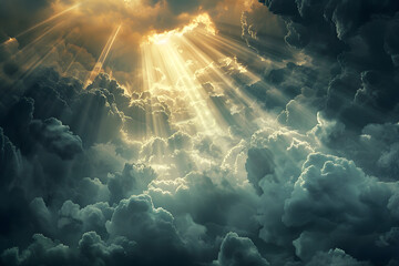 Fototapeta premium Sunbeams breaking through clouds, symbolizing hope and divine light