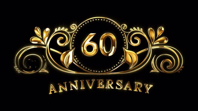 60th Anniversary Celebration. Golden 60 Years Anniversary Animation in Gold Color on the Transparent Background, Alpha Channel. Great for greetings, celebrations, events, and gifts.