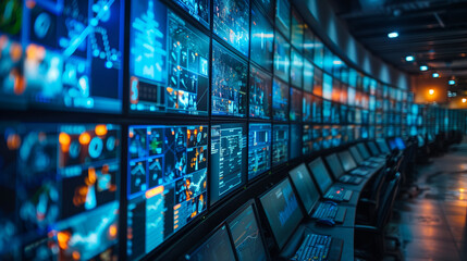 Building security systems with cameras, motion sensors, and access control integrated via 6G technology, showing real-time monitoring on screens in a security center