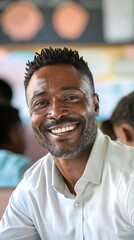 Fototapeta premium Smiling African American in a bright, social environment or classroom. Concept of social place, classroom interaction, positive attitude, and multicultural community. Vertical
