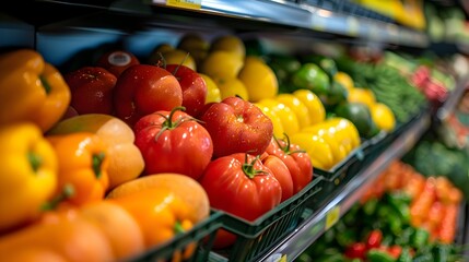 Bountiful Produce Display in Supermarket Aisle with Blurred Background