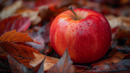 A telephoto angle photo of a SweeTango apple, with its distinctive blush and unique texture, set against a backdrop of autumn leaves, with copy space