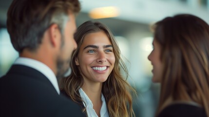 A group of business people mingling at a conference, laughing and having fun working together