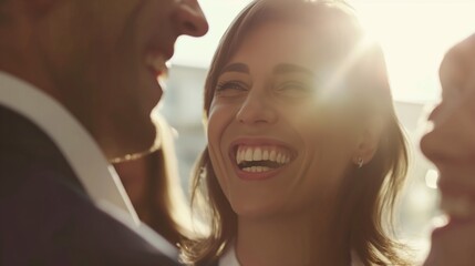 A group of business people mingling at a conference, laughing and having fun working together