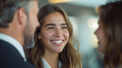 A group of business people mingling at a conference, laughing and having fun working together