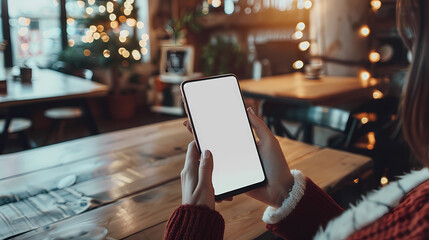 womans hands holding smartphone in rustic cafe blank white screen mockup wooden table background warm ambient lighting