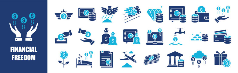 Financial Freedom icon collection set. Containing design,freedom, finance, financial, money, investment,and more. Solid vector icons collection.	