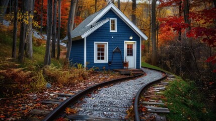 Naklejka premium A small blue painted house with white trim, located in a forest with trees bearing leaves of fiery red and gold. A meandering pathway made of railroad ties and gravel leads up to the house.
