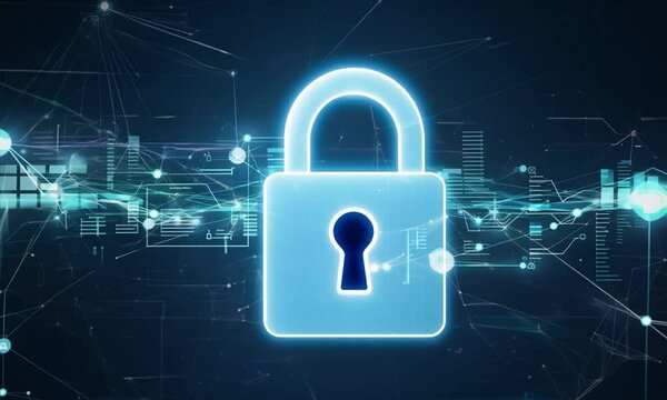 Firewall secure hologram locks glowing with abstract cyber fractals behind them that change color. This is the concept of cybersecurity services