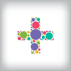 Letter plus sign made of creative colored dots or filled with circles. Creative fonts with unique symbols. Vector illustration.