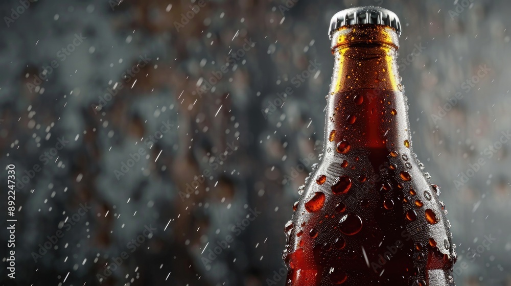 Poster a close-up shot of a beer bottle standing alone in the rain, perfect for use in images about drinks,