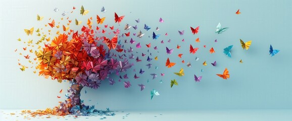 Abstract tree with colorful origami butterflies flying around on a light blue background vector illustration