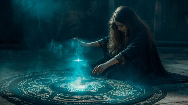 Sorceress creating a protective circle with ancient runes, casting a spell for harmony, right third copy space