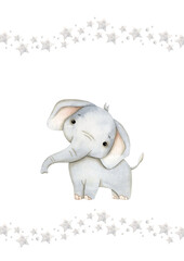 Safari watercolor hand-drawn illustration with baby elephant and stars for kids. Template for greeting cards or invintations