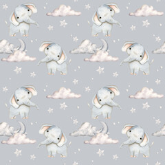 Safari watercolor hand-drawn seamless blue pattern with baby elephant, clouds, moon and stars for kids