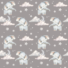 Safari watercolor hand-drawn seamless grey pattern with baby elephant, clouds, moon and stars for kids