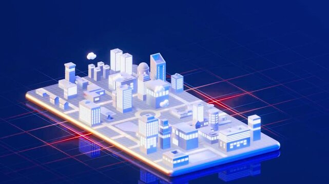 Isometric 3D Futuristic Smart City On Smart Phone. Online Chat Symbol. Technology Related 3D 4K Motion Graphics. Modern city on the mobile phone, 3d rendering
