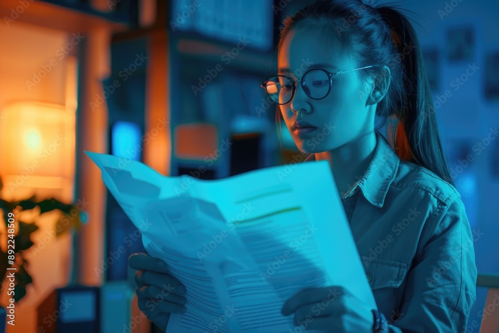 Poster a person reading a newspaper in a dimly lit space, suitable for use in scenes about solitude or myst