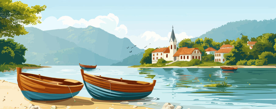 A tranquil riverside village with wooden boats moored along the shore. Vector flat minimalistic isolated illustration.
