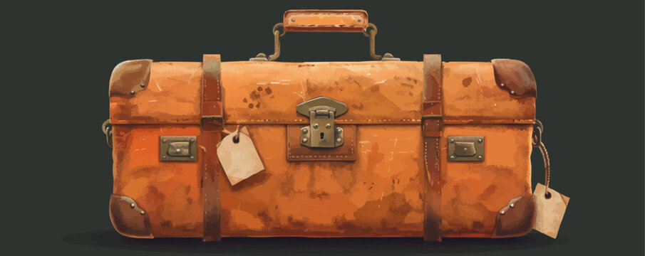Vintage leather suitcase with tags Vector flat minimalistic isolated illustration