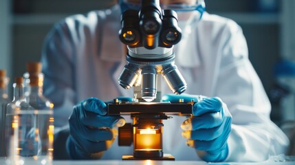 Professional Pathologist Examining Tissue Samples Through Advanced Microscope in Laboratory Setting