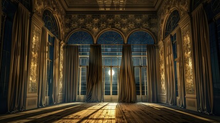 A spacious vintage room at night with high ceilings and tall, arched windows covered by heavy drapes. The moonlight filters through, casting shadows and highlighting the intricate wallpaper designs. 