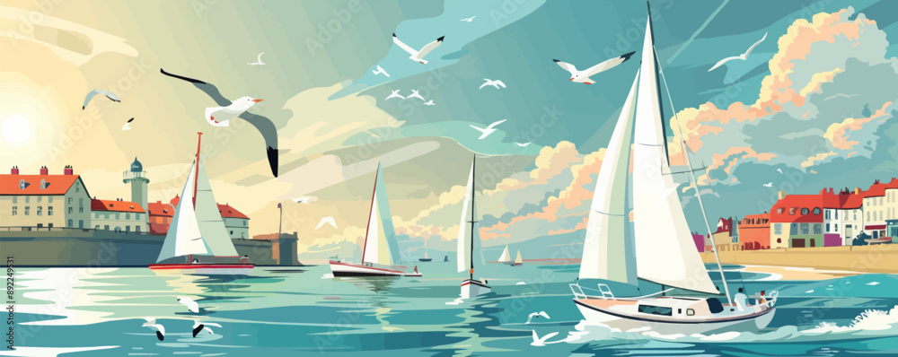 Wall mural Coastal harbor with sailboats and seagulls Vector flat minimalistic isolated illustration