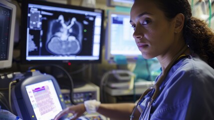 Female Nurse Assisting Patient During Ultrasound Procedure with Diagnostic Screen Display in Modern Clinic Setting