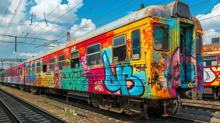 Fototapeta premium Colorful graffiti painted on a train car, moving along the tracks and catching attention