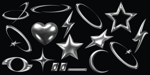 A collection of 3D metallic shapes on a black background, including stars, hearts, lightning bolts, swooshes, circles, and a crescent moon.