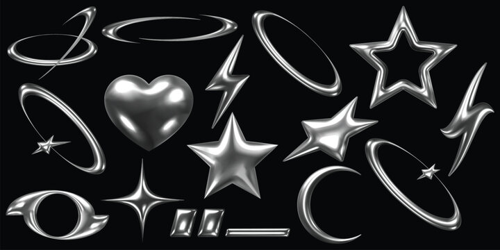 A collection of 3D metallic shapes on a black background, including stars, hearts, lightning bolts, swooshes, circles, and a crescent moon.