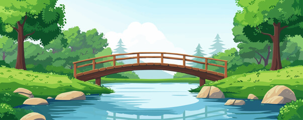 A tranquil countryside scene with a rustic wooden bridge over a babbling brook. Vector flat minimalistic isolated illustration.