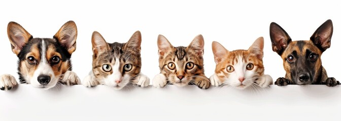 Cats and Dogs Peeking Over White Banner on Solid White Background, Photorealistic and Hyperrealistic Style