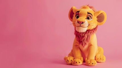 Toy cartoon lion king simba sits on a pink background