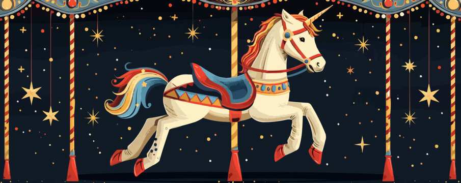 A whimsical carousel horse adorned with colorful ribbons. Vector flat minimalistic isolated illustration.