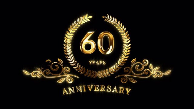 60th Anniversary Celebration. Golden 60 Years Anniversary Animation in Gold Color on the Transparent Background, Alpha Channel. Great for greetings, celebrations, events, and gifts.