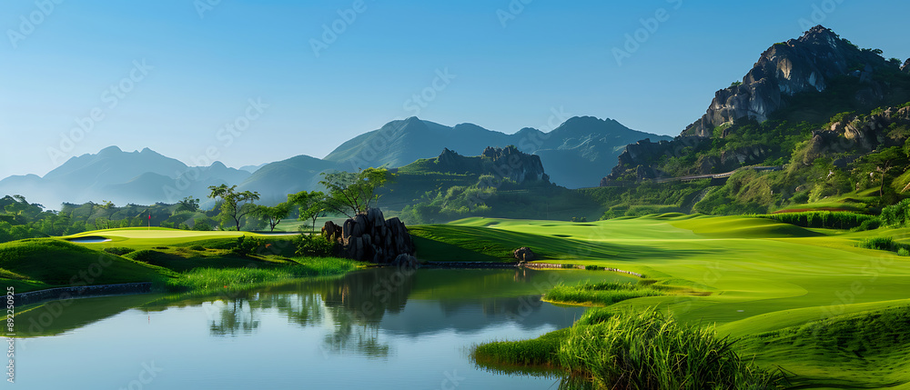 Wall mural a beautiful golf course with lush green fairways and putting greens, surrounded by natural water bodies