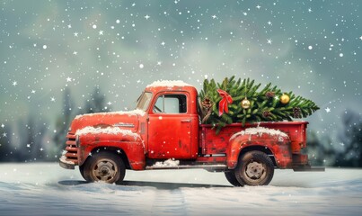 Vintage red truck carrying a Christmas tree in snow. Free copy space for banner.