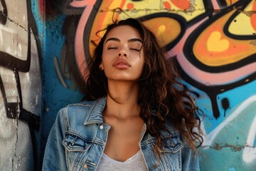 A young woman stands near a vibrant graffiti-covered wall, with bold colors and artistic designs