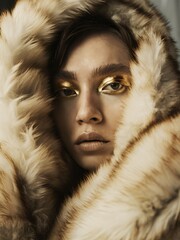 Golden Glamour: A captivating portrait of a woman with dramatic golden eyeshadow and a luxurious fur coat, creating a sense of opulence and mystery.  