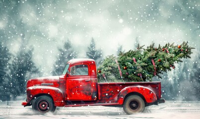 Vintage red truck carrying a Christmas tree in snow. Free copy space for banner.