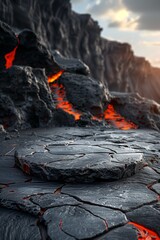 A lava field with a large rock in the middle