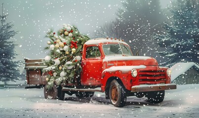 Vintage red truck carrying a Christmas tree in snow. Free copy space for banner.