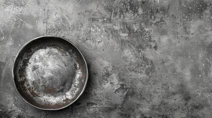 Aged pewter gray candy dish on cement surface with space for text