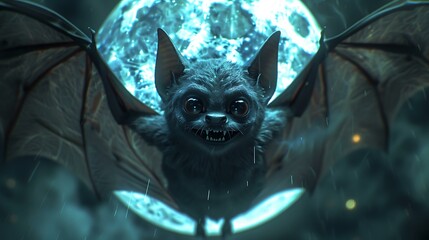 A 3D cartoon bat flying over a moon