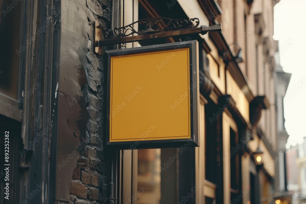 Poster a bright yellow sign hangs from the side of a building, providing a pop of color and attention