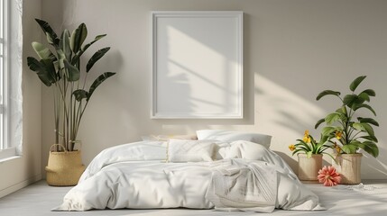 Blank white poster template in boho style bedroom interior Blank white picture mockup frame on beige wall Large potted palm trees