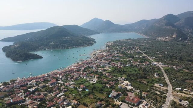 Amazing Aerial panoramic view of Nidri Bay at Lefkada Island, Ionian Islands, Greece