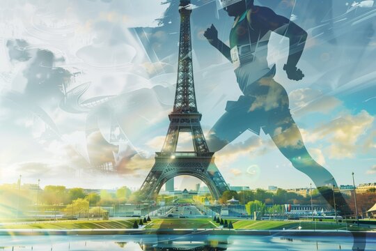 Eiffel tower with double exposure of runner - Powered by Adobe